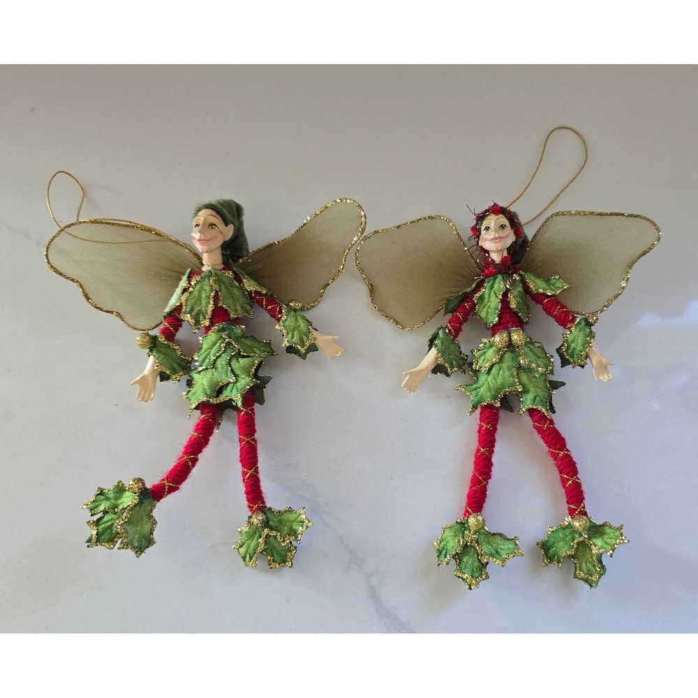 New Set of 2 Whimsical Holly Leaf Fairy Elf Christmas Ornaments